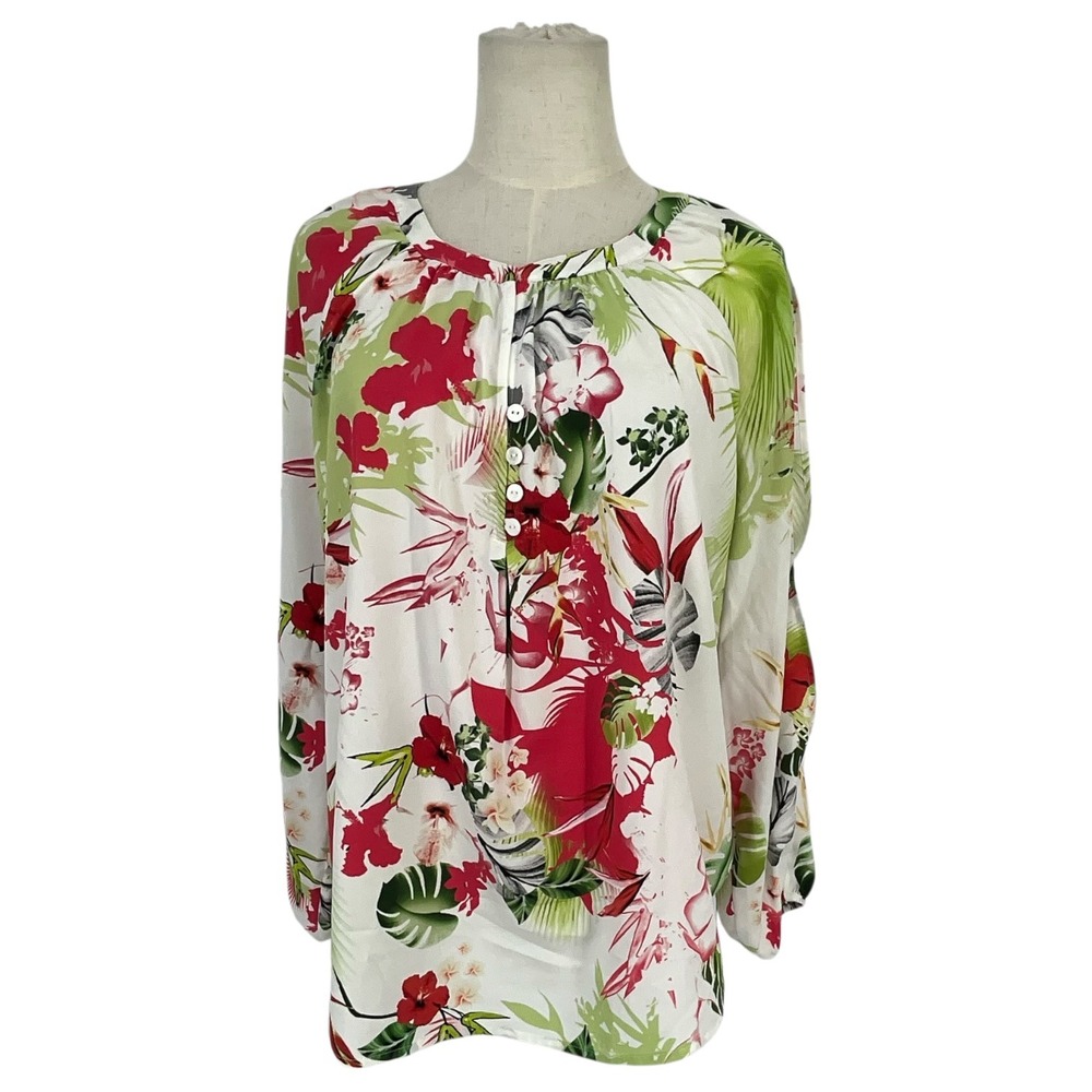 Foxcroft NYC‎ Tropical Floral Print Blouse Red Green White Long Sleeve Womens M